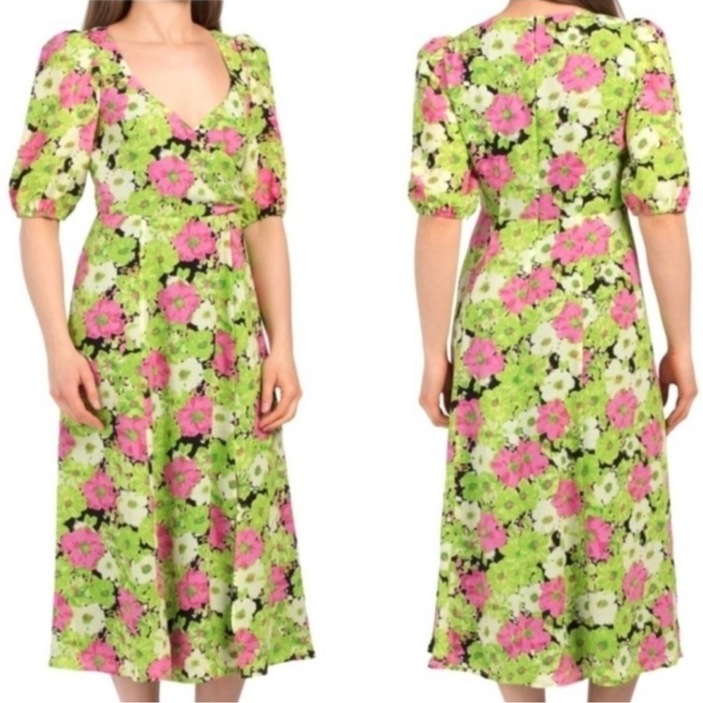 Wayf Green & Pink Floral Half Sleeve Midi Dress
